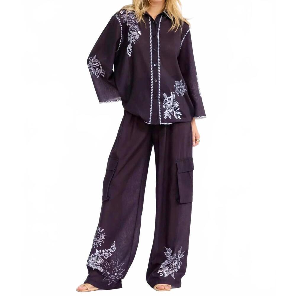 NEW LITTLE SECRET OF MINE embroidered wide leg pant set in midnight obsession